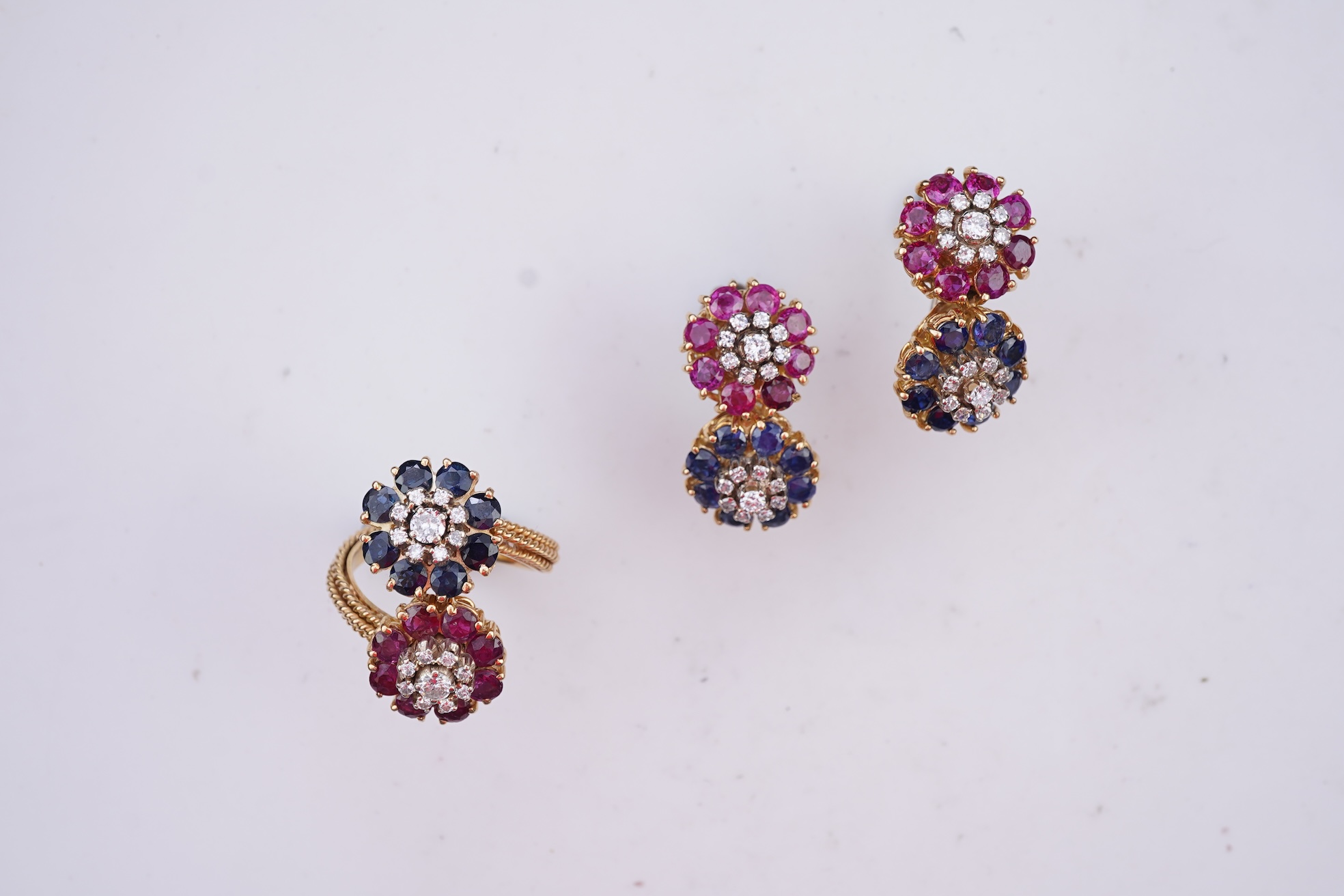 A sapphire, ruby and diamond demi-parure, mid 20th century